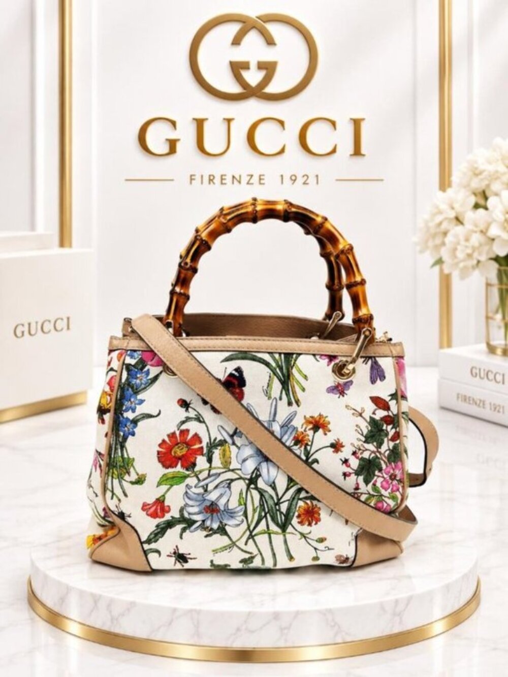 Authentic Gucci Flora Bamboo Shopper Floral Canvas Crossbody Tote Bag